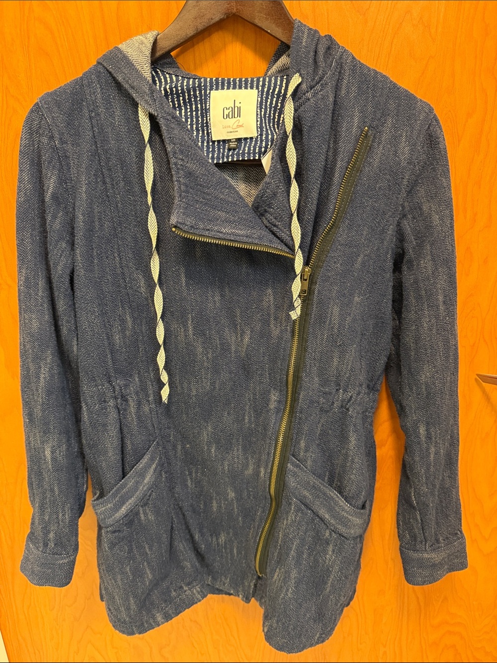 CAbi Indigo Hooded Zip Jacket with Braided Drawstrings